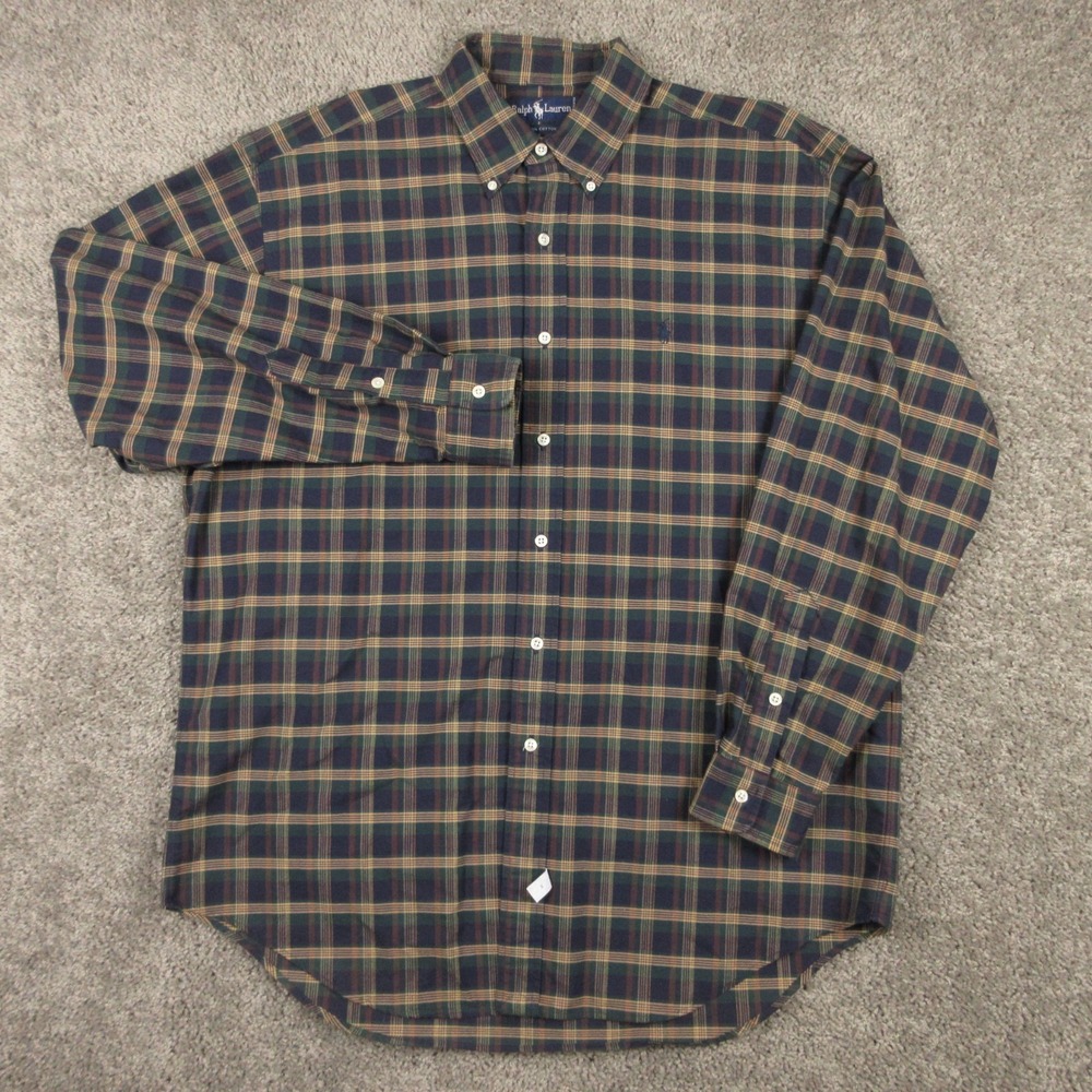 Vintage Polo Ralph Lauren Shirt Mens Large Plaid Tartan Oxford Cloth Button Up